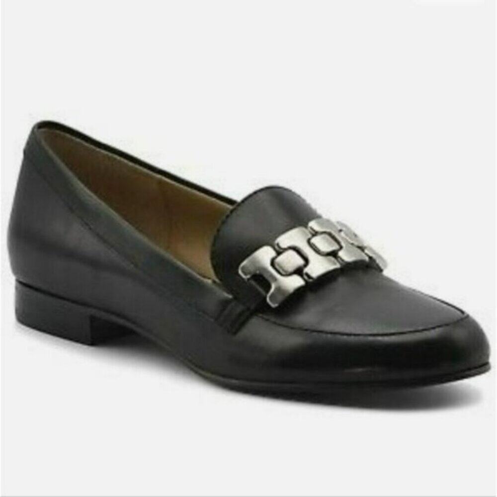 Adrienne Vittadini Black Leather Block Heel Loafer Slip On Comfort Shoe Size 8.5
